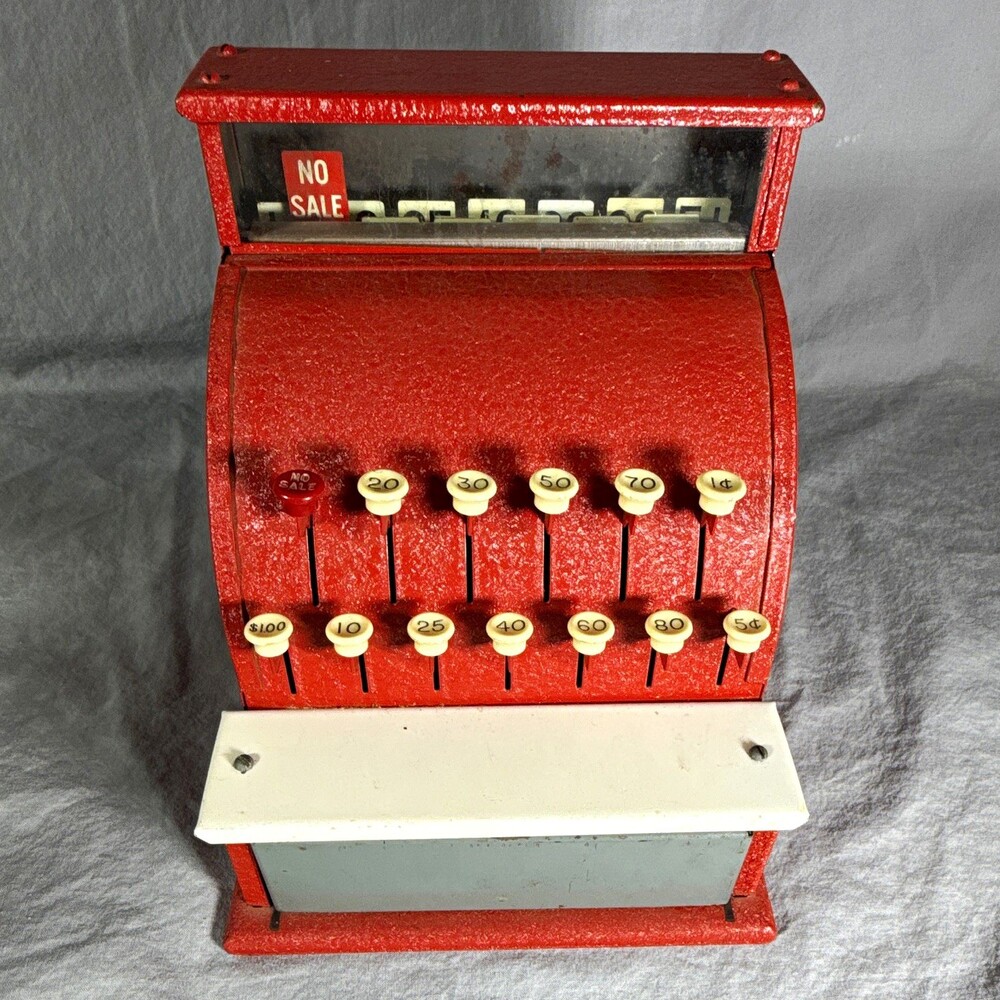 Vintage Tom Thumb Toy Cash Register Red Metal Western Stamping Kamkap 1940s/50s